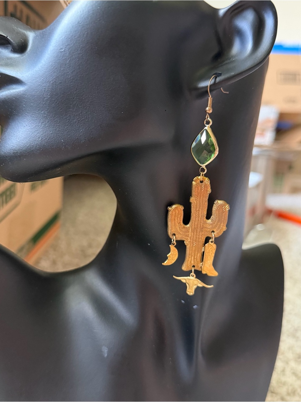 Cactus Cowboy Moon Cow Western Arizona Green gemstone earrings